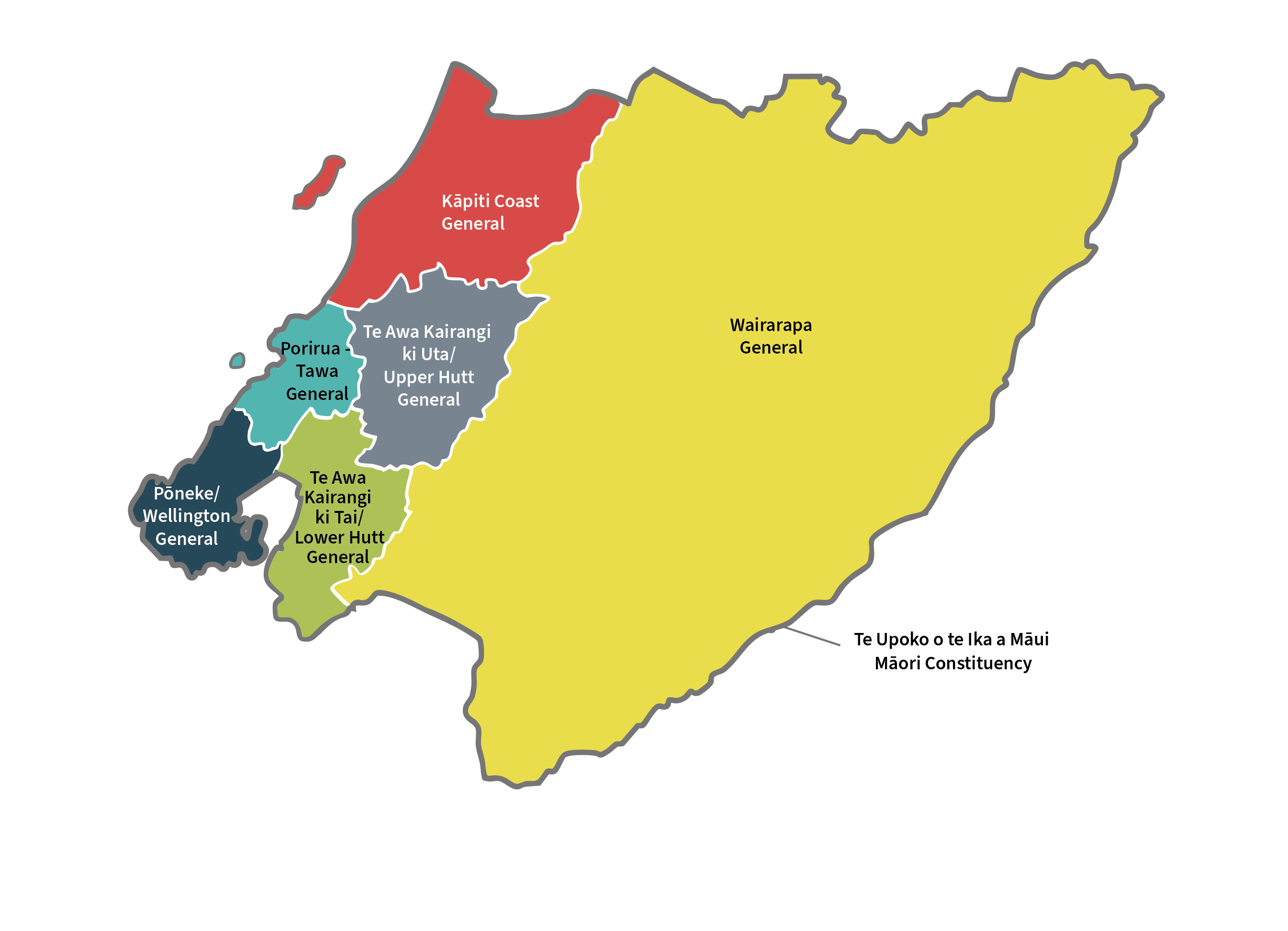 Map of the constituencies in the Wellington region: Kāpiti Coast General, Pōneke/Wellington General, Porirua-Tawa General, Te Awa Kairangi ki Tai/Lower Hutt General, Te Awa Kairangi ki Uta/Upper Hutt General, Te Upoko o te Ika a Māui Māori Constituency, and Wairarapa General