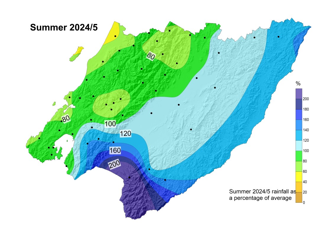 Colour coded map showing amount of rainfall in the region over summer 2024/25, with higher than average rainfall in the Wairarapa