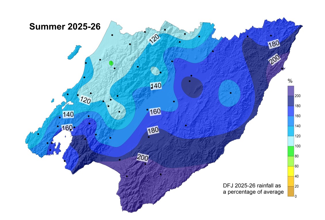 A heatmap of the Wellington Region showing the rainfall over Summer 2025/26; lowest rainfall is in the northwest of the region, with increasing rainfall radiating from there. Over double the long-term average fell on the southern and east coasts.