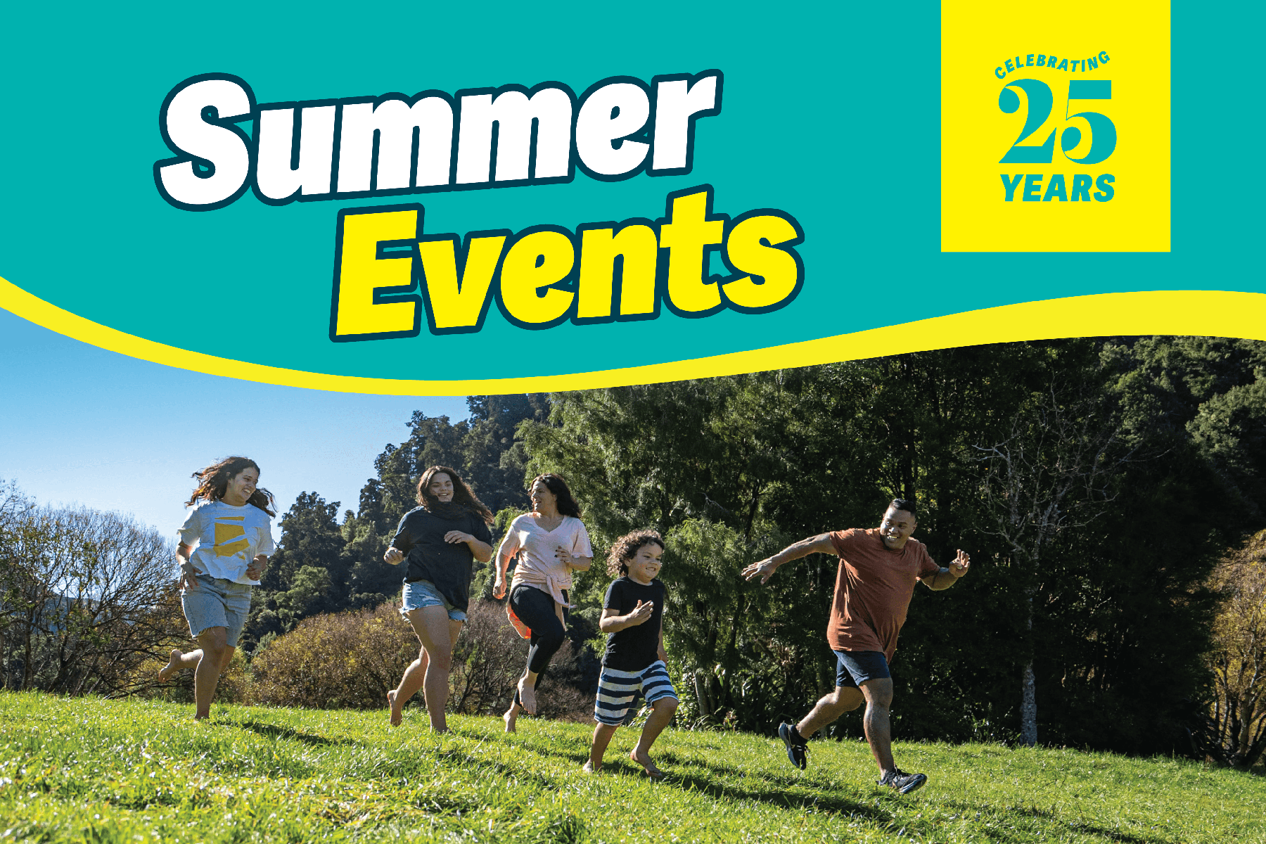 A family runs through a park on a sunny day, under a banner that reads Summer Events - celebrating 25 years