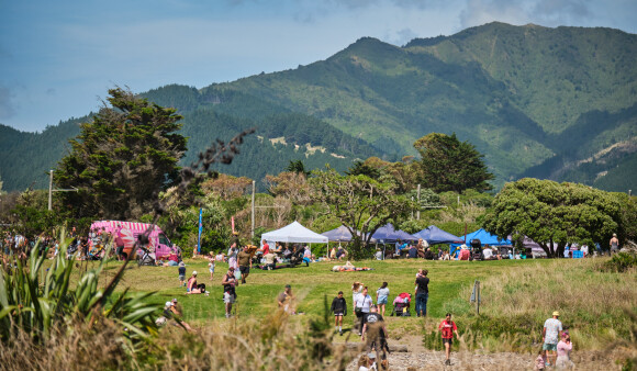 At Queen Elizabeth Park Open Day, families mill around in the sun and around market gazebos