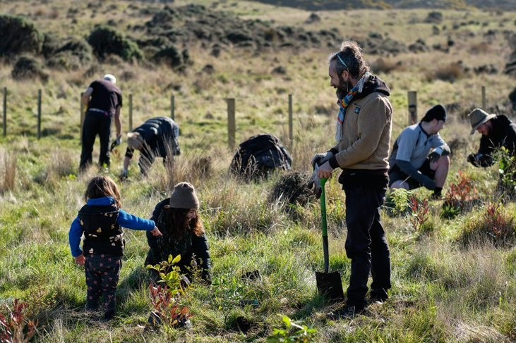 Children and adults planting seedlings at Parangarahu Lakes