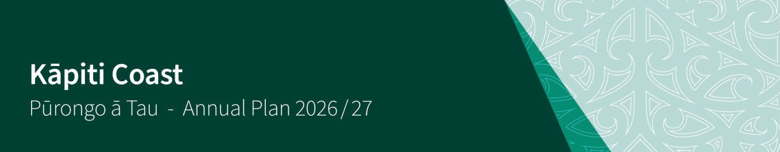 Green colour block and tohu (Māori design) banner reading "Kāpiti Coast Pūrongo ā Tau - Annual Plan 2026/27"