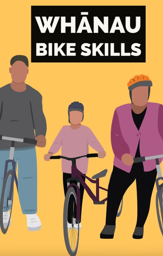 A stylised drawing of three people, two adults and a child, with bikes and helmets, and above them the words "Whānau bike skills"