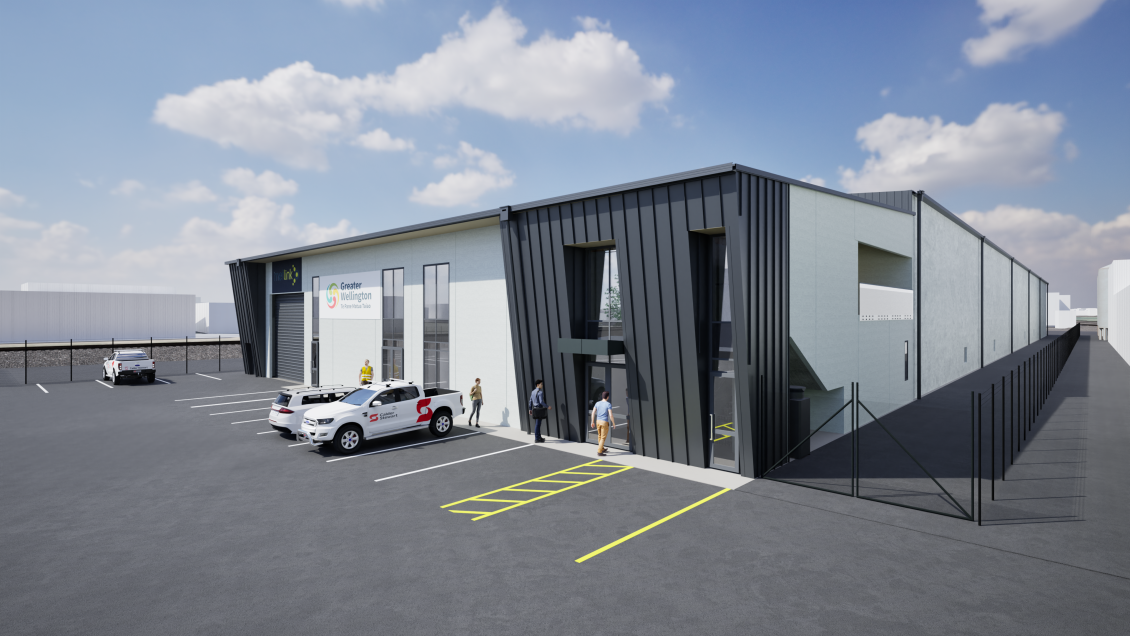 Render of a Greater Wellington and Metlink branded building