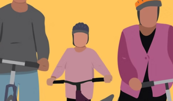A stylised drawing of three people, two adults and a child, with bikes and helmets, and above them the words "Whānau bike skills"